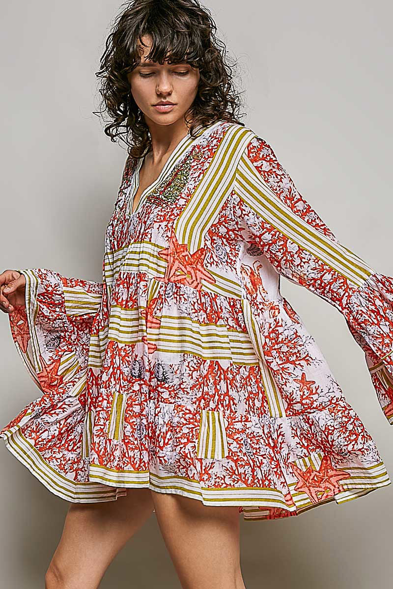 POL Striped Floral Long Sleeve Mini Dress with Pintuck Detail