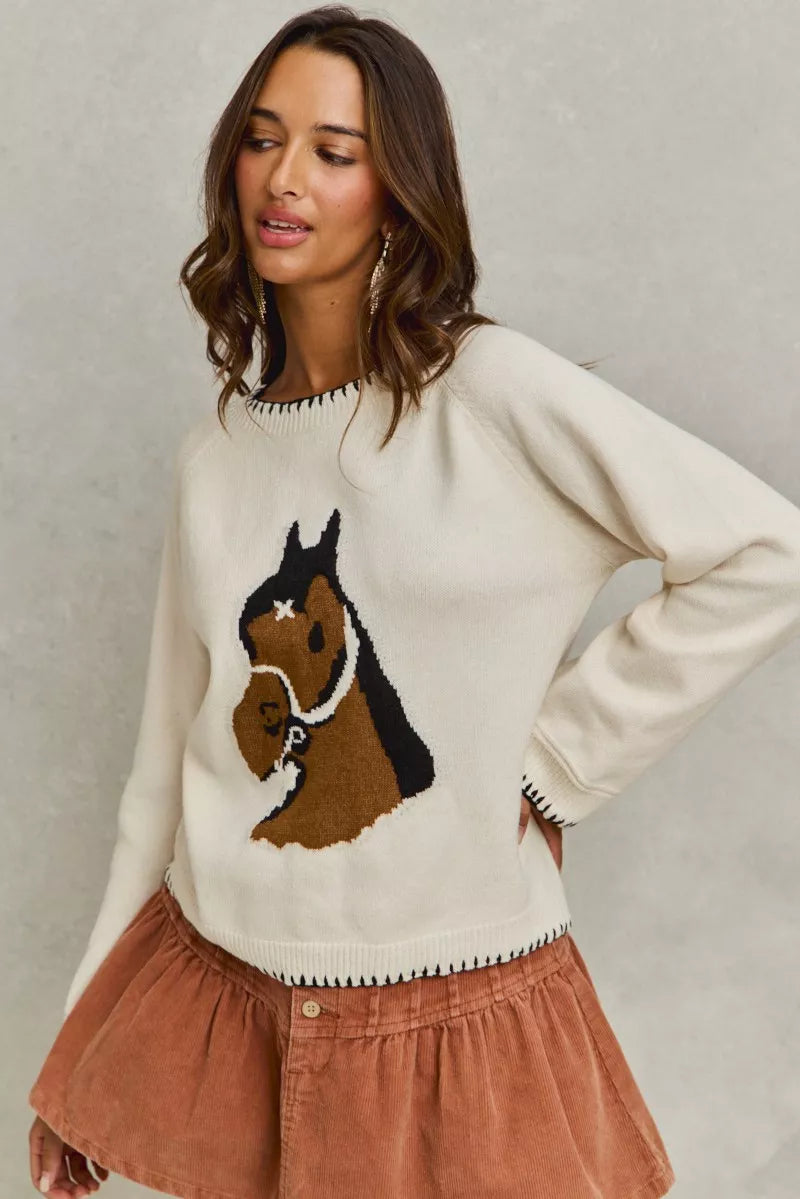 SO ME Horse Knit Sweater Top with Blanket Stitch