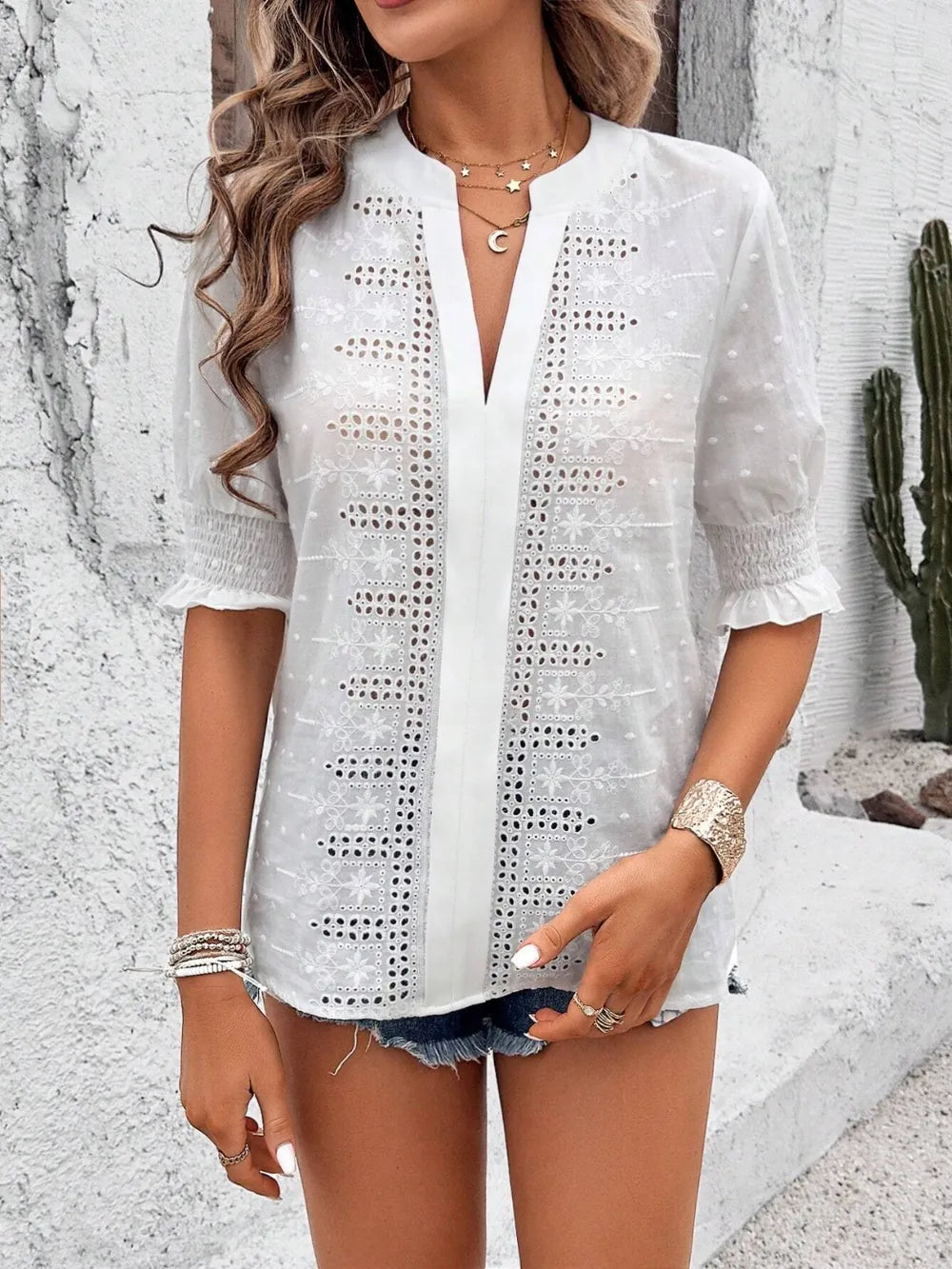 Eyelet Notched Flounce Sleeve Blouse