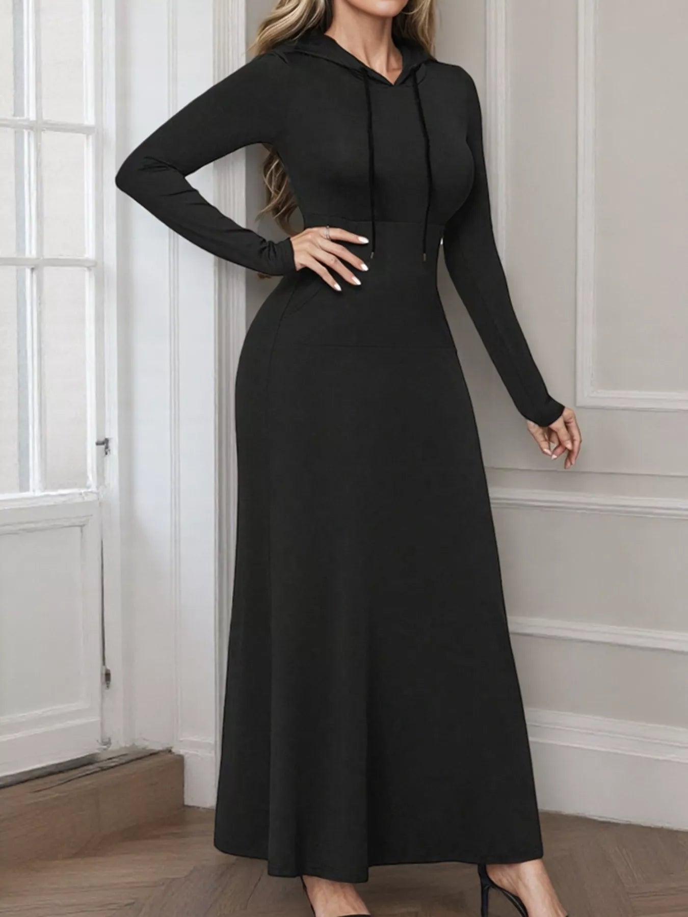 Drawstring Long Sleeve Hooded Maxi Dress