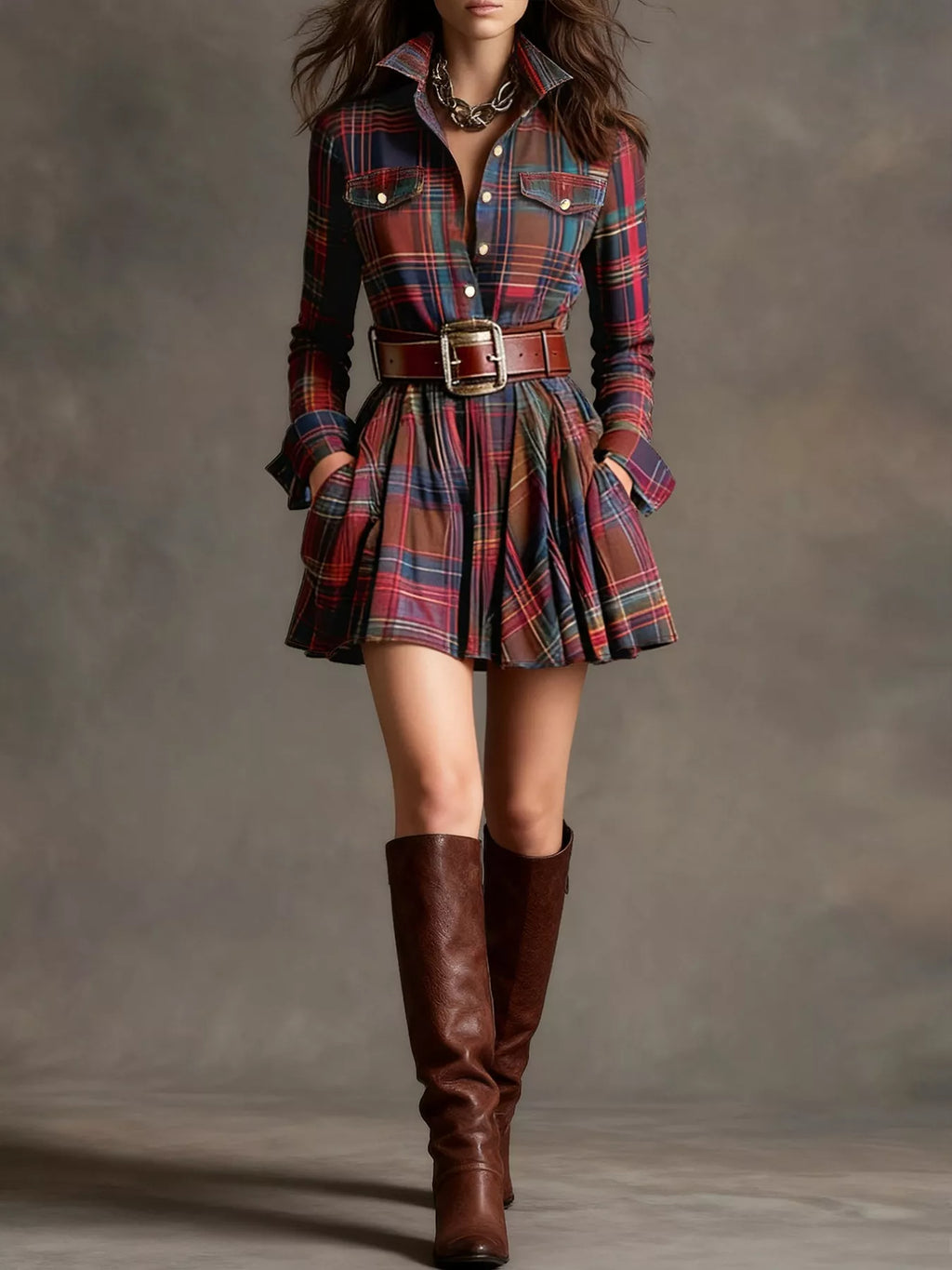 Plaid Long Sleeve Shirt Dress