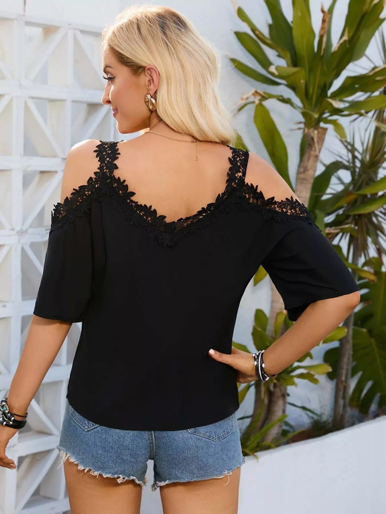 Cold Shoulder Lace Trim Blouse