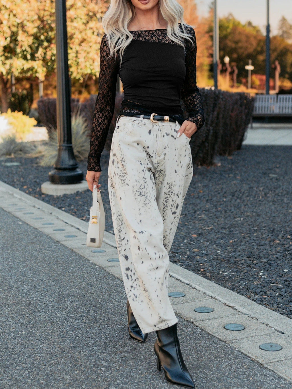 Asymmetric Panels Sheer Floral Lace Patchwork Long Sleeve Top