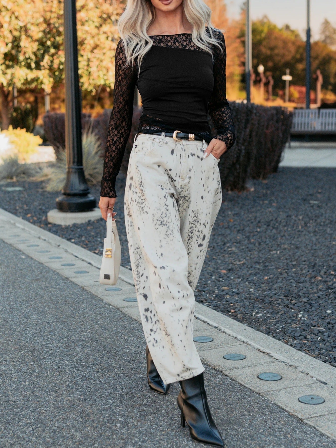 Asymmetric Panels Sheer Floral Lace Patchwork Long Sleeve Top