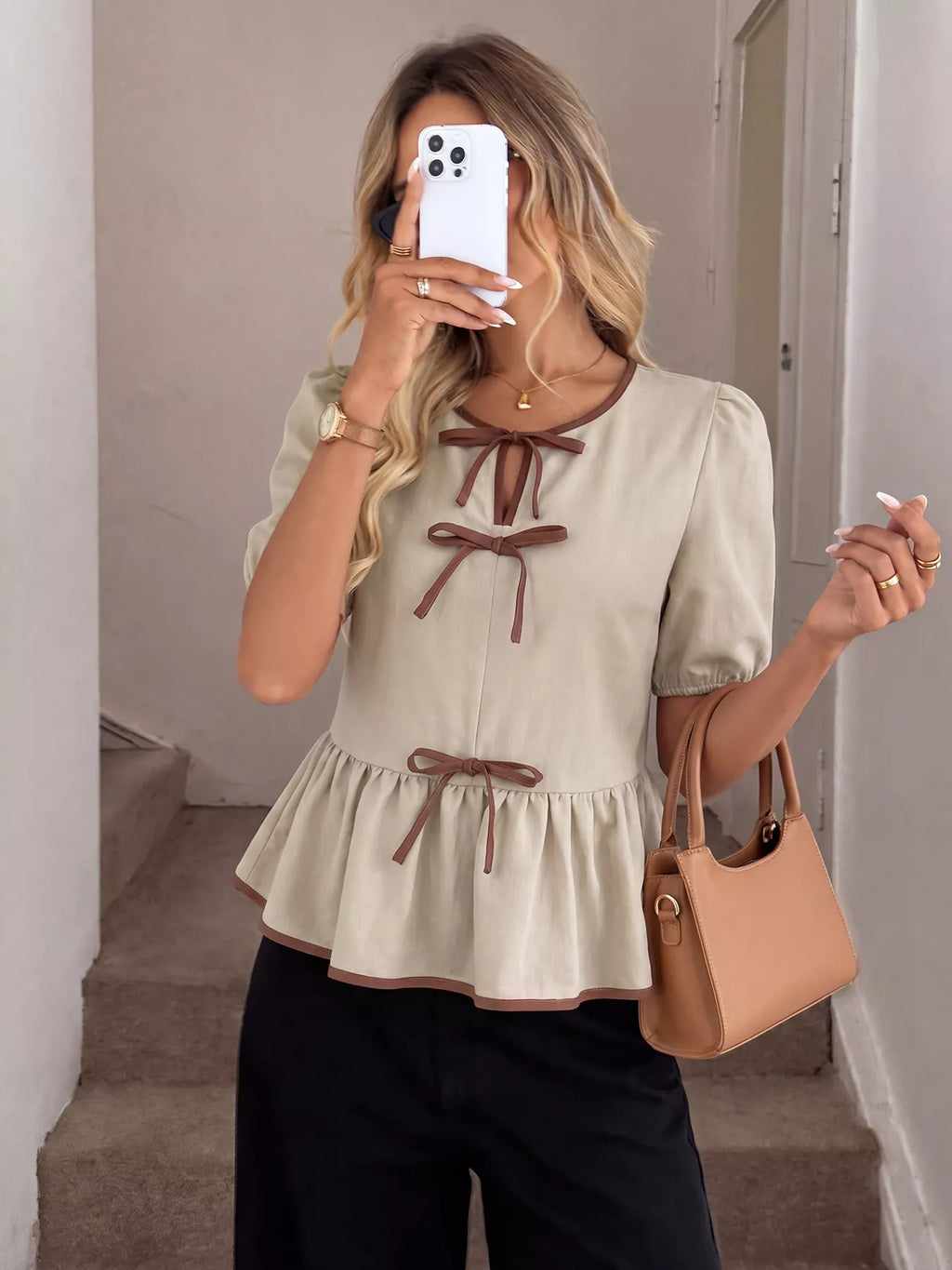 Bow Front Ruffle Hem Blouse