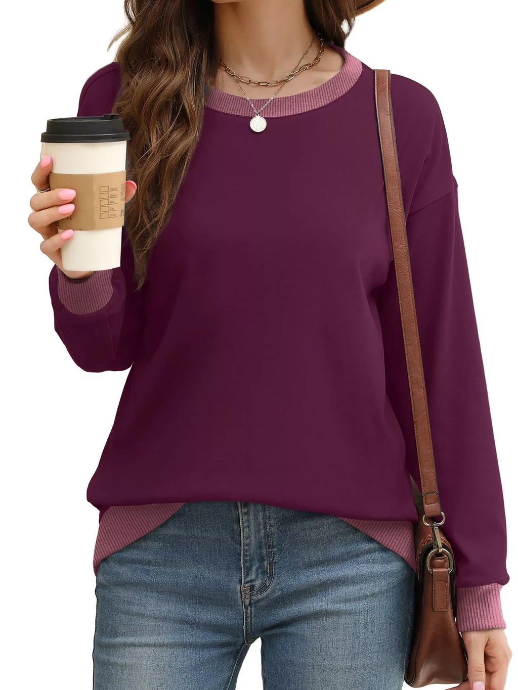 Contrast Trim Crew Neck Casual Sweatshirt