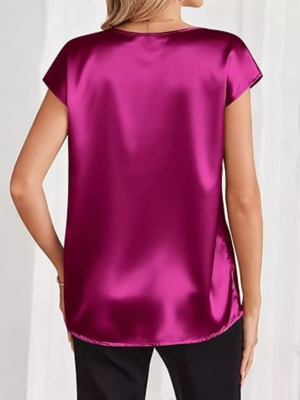 Satin V-Neck Short Sleeve Blouse