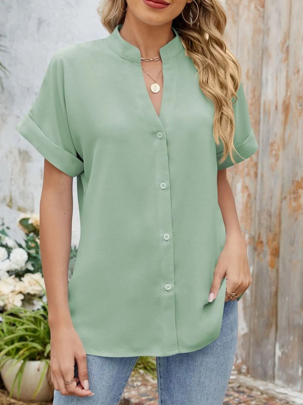 Notched Short Sleeve Blouse