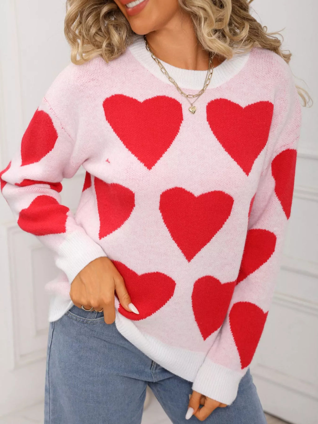 Valentine's Day Heart Round Neck Knitted Sweater
