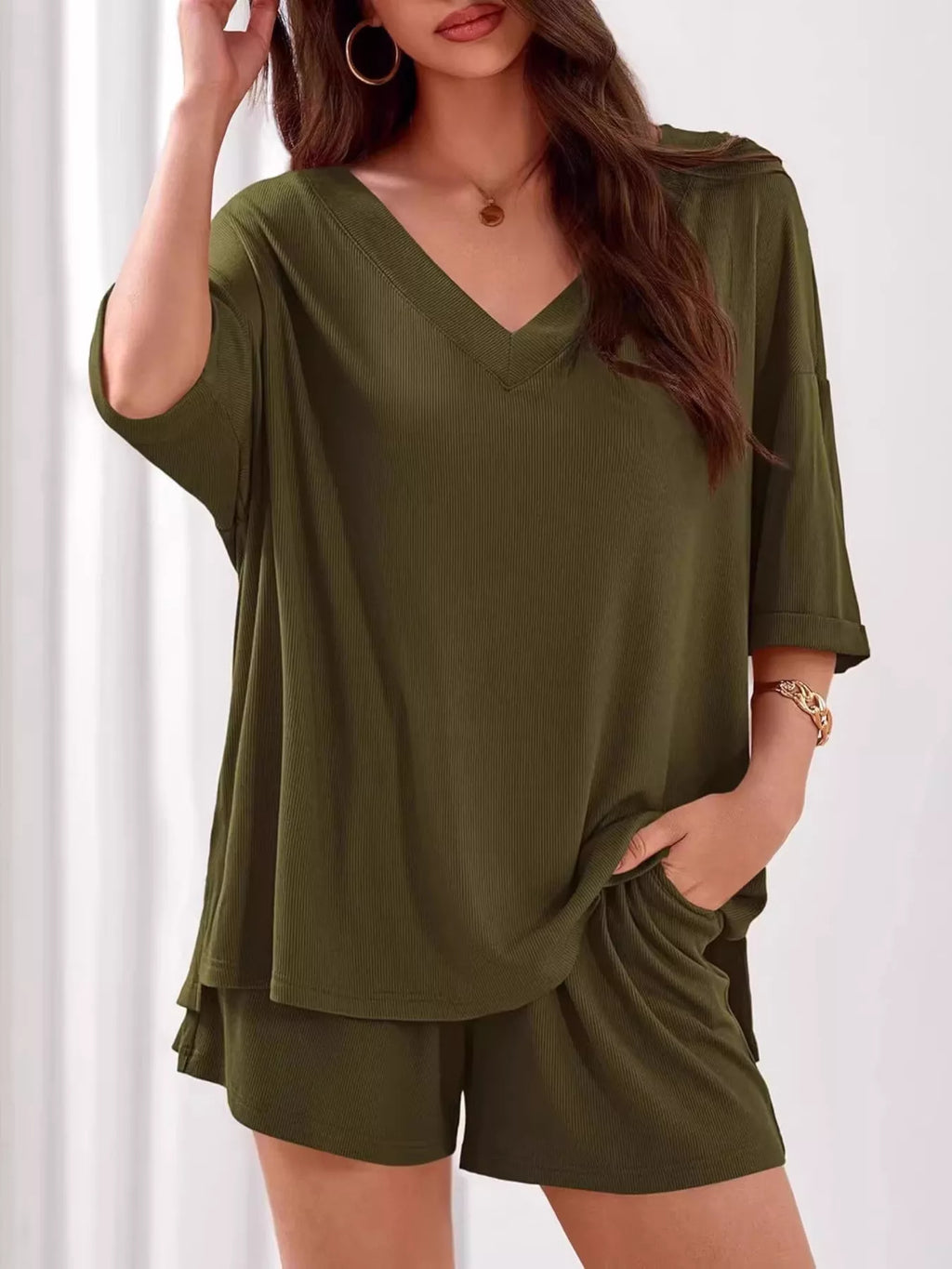 Casual Solid Color V-Neck Top & Shorts Set