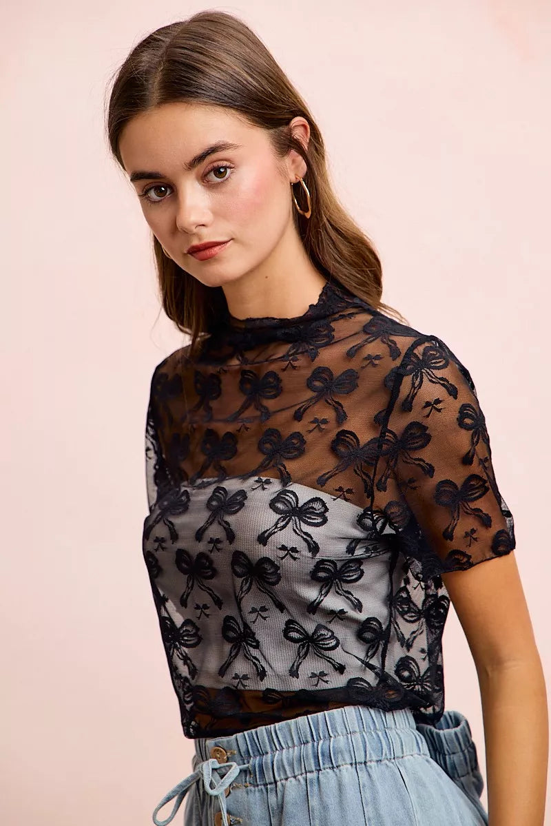 BiBi High Neckline Short Sleeves Bow Pattern Mesh Top