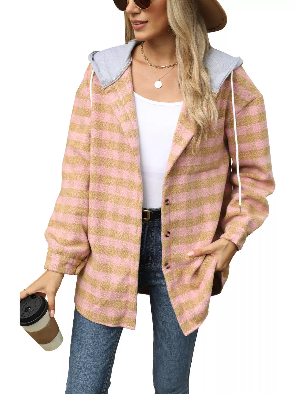 Plaid Button Up Long Sleeve Drawstring Hooded Jacket
