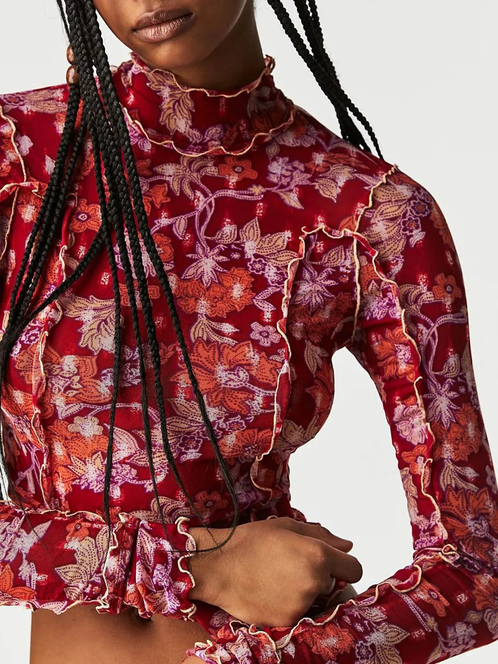 Floral Print Mock Neck Long Sleeve Top