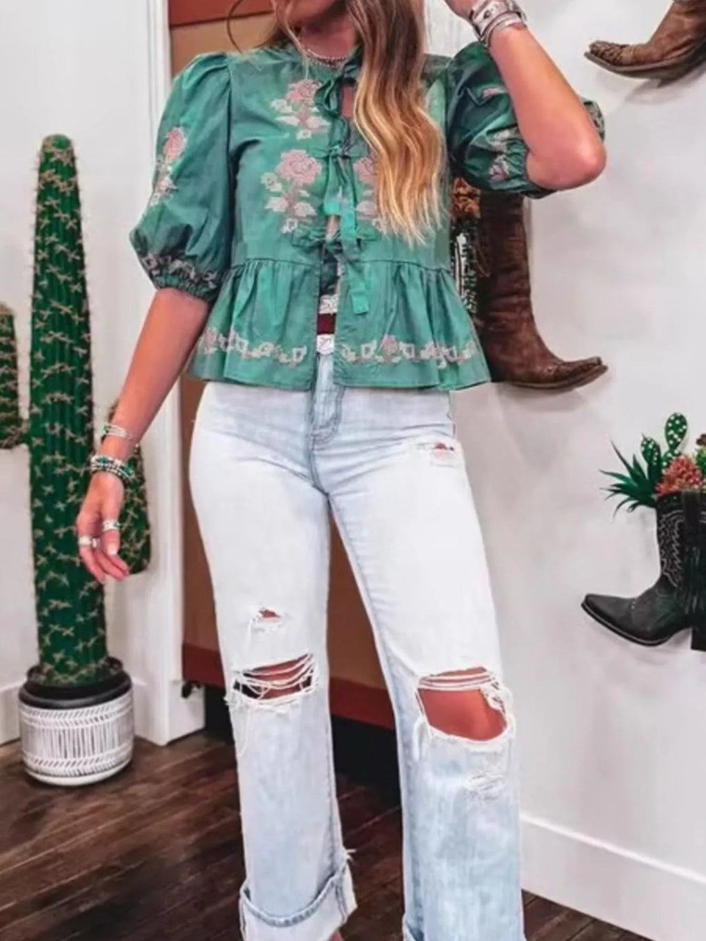 Tie Front Puff Sleeve Blouse