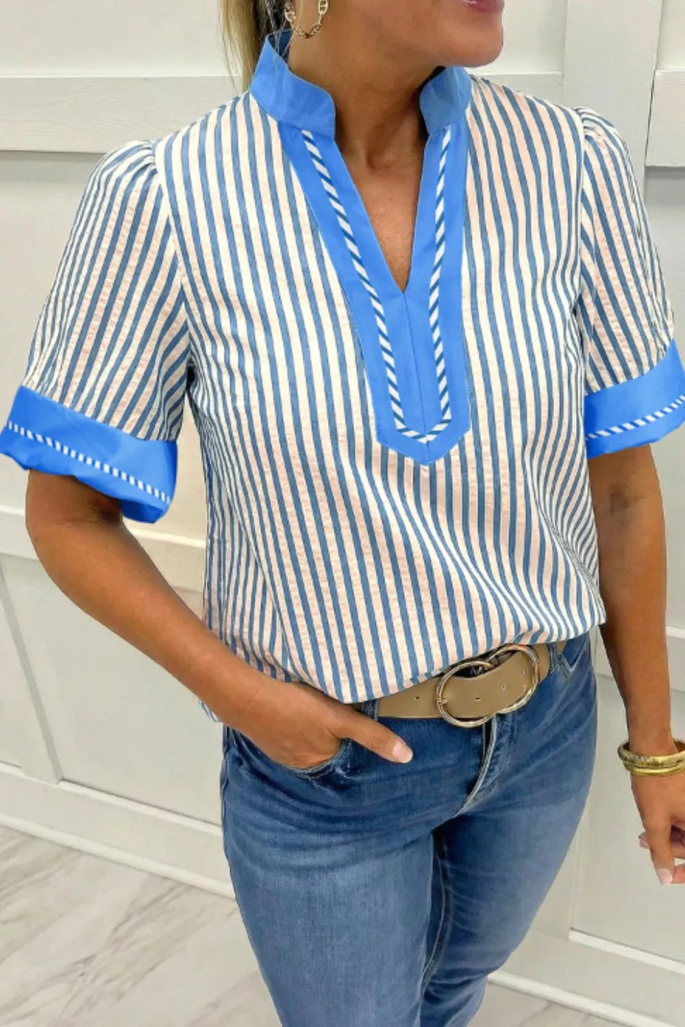 Stripe Color Block Detail V Neck Short Sleeve Blouse