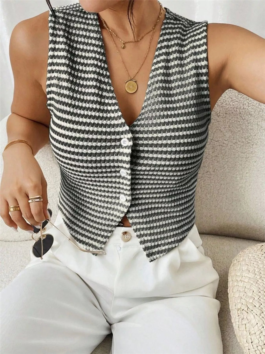 Striped Knit V-Neck Vest