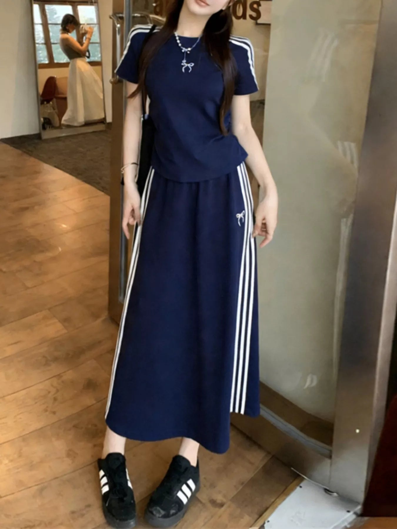 Striped Round Neck Tee and Skirt Set