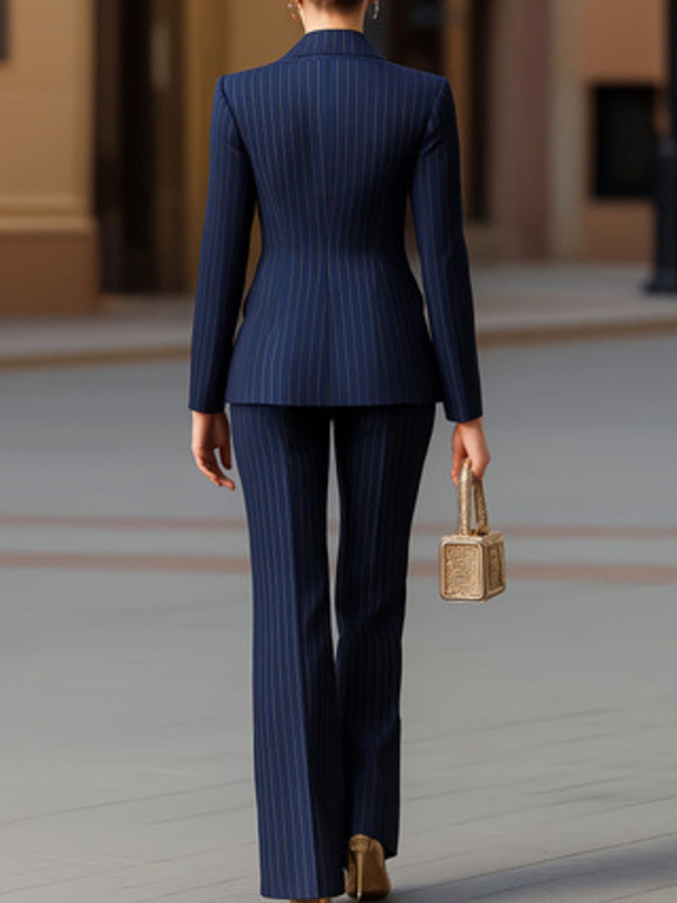 Striped Double-Breasted Blazer & Wide Leg Pants Set