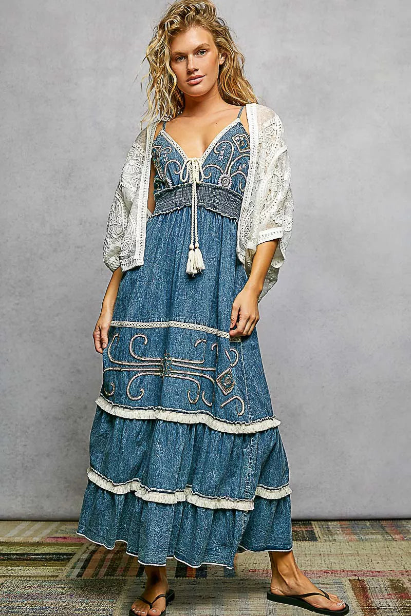 POL Open Front Crochet Cardigan with Floral Embroidery