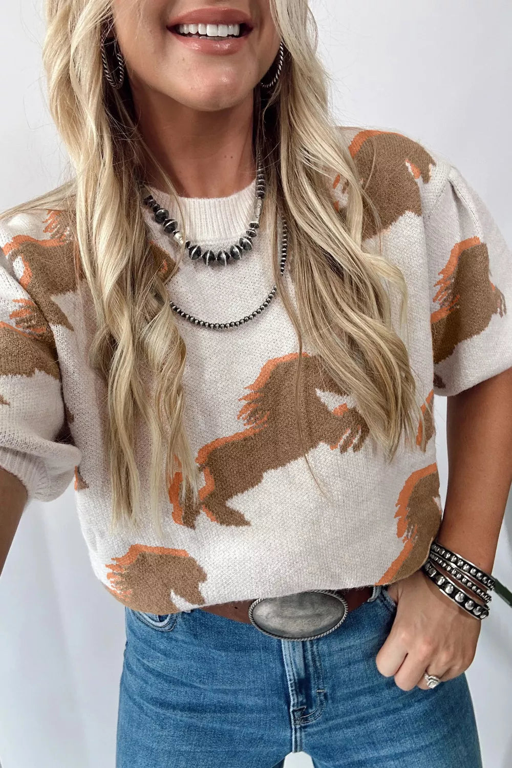 Western Horse Short Puff Sleeve Sweater