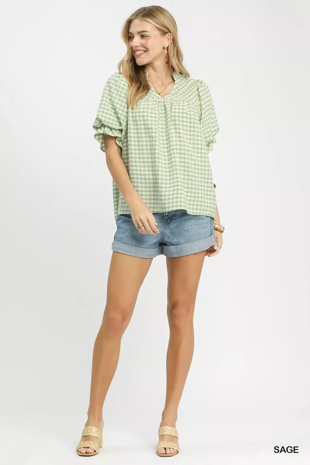 Umgee Gingham Puff Sleeve Babydoll Blouse