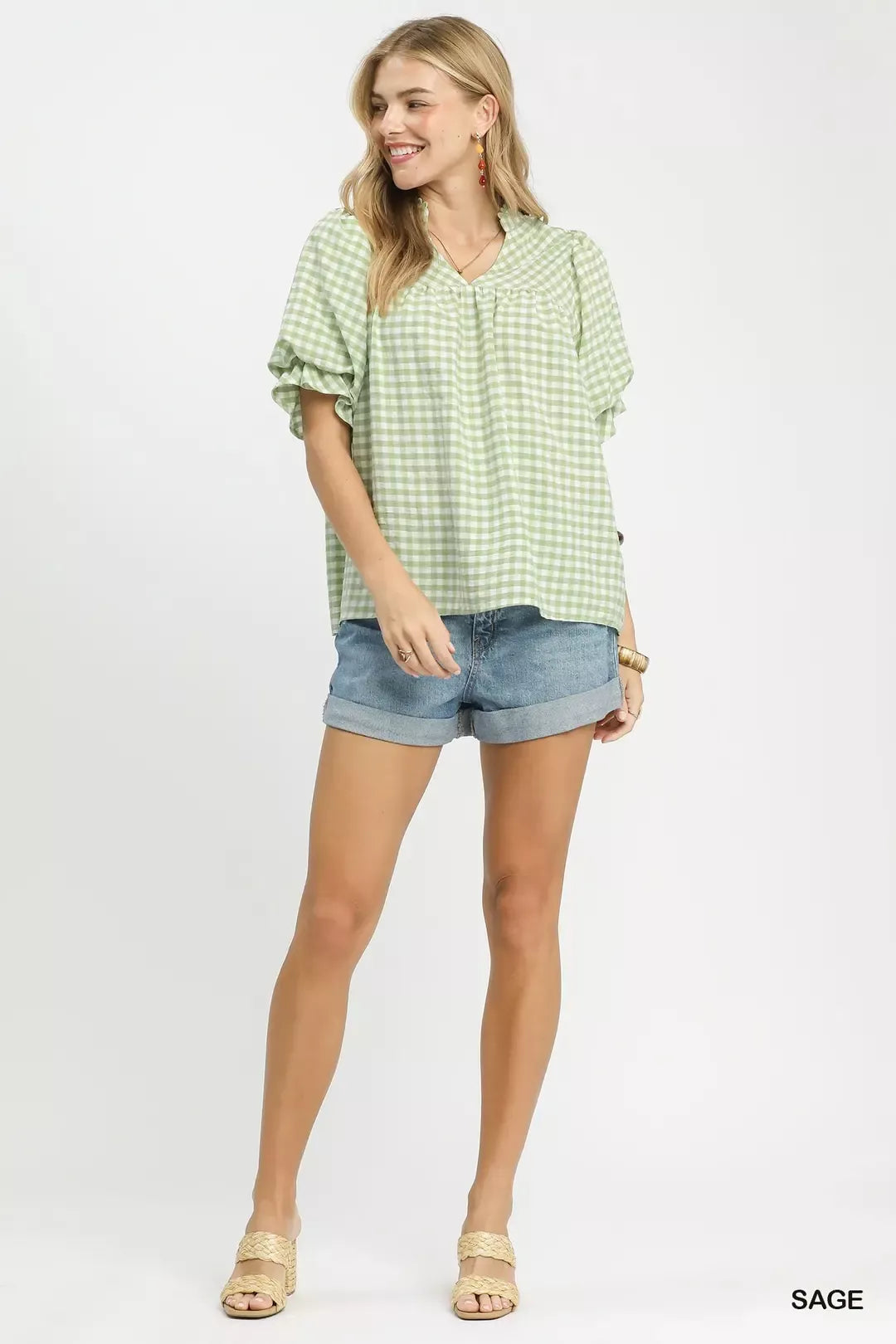 Umgee Gingham Puff Sleeve Babydoll Blouse