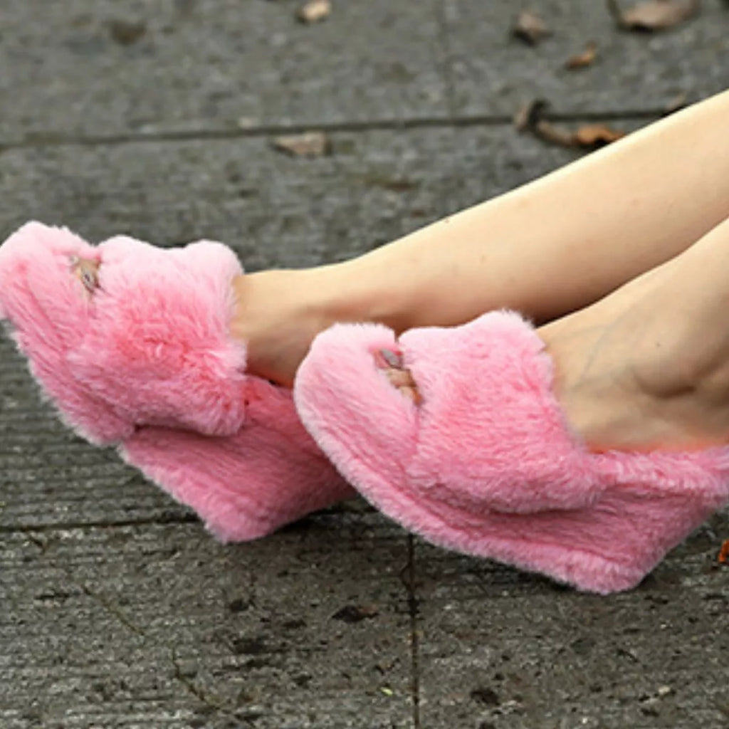 Fluffy Platform Wedge Slippers