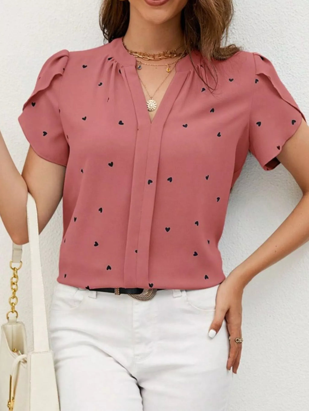 Heart Print Petal Sleeve Blouse
