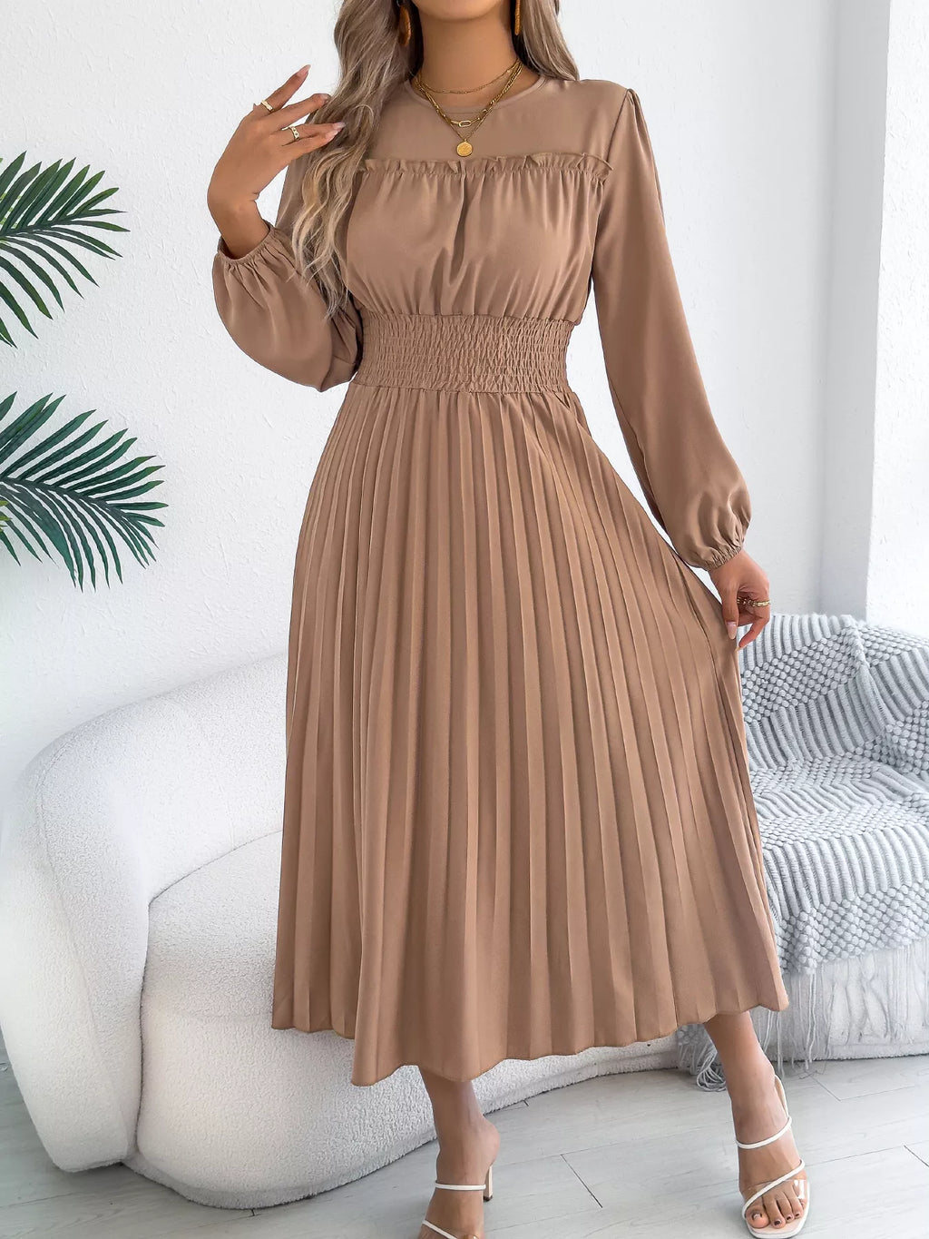 Smocked Pleated Long Sleeve Midi Dress