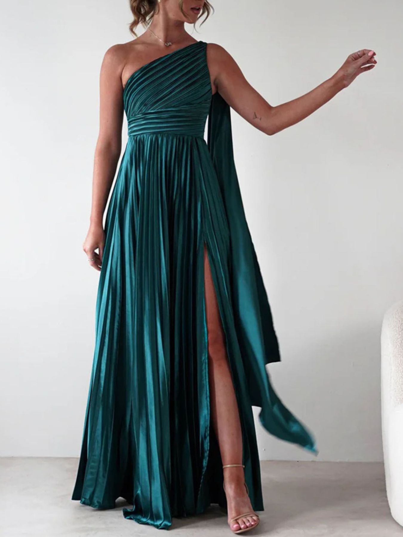 One-Shoulder Pleated Slit Maxi Dress