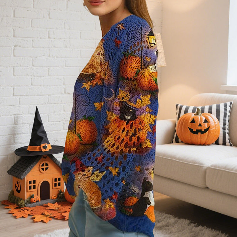 Women’s Hollow Out Batwing Top – Halloween Pumpkin Print Blouse