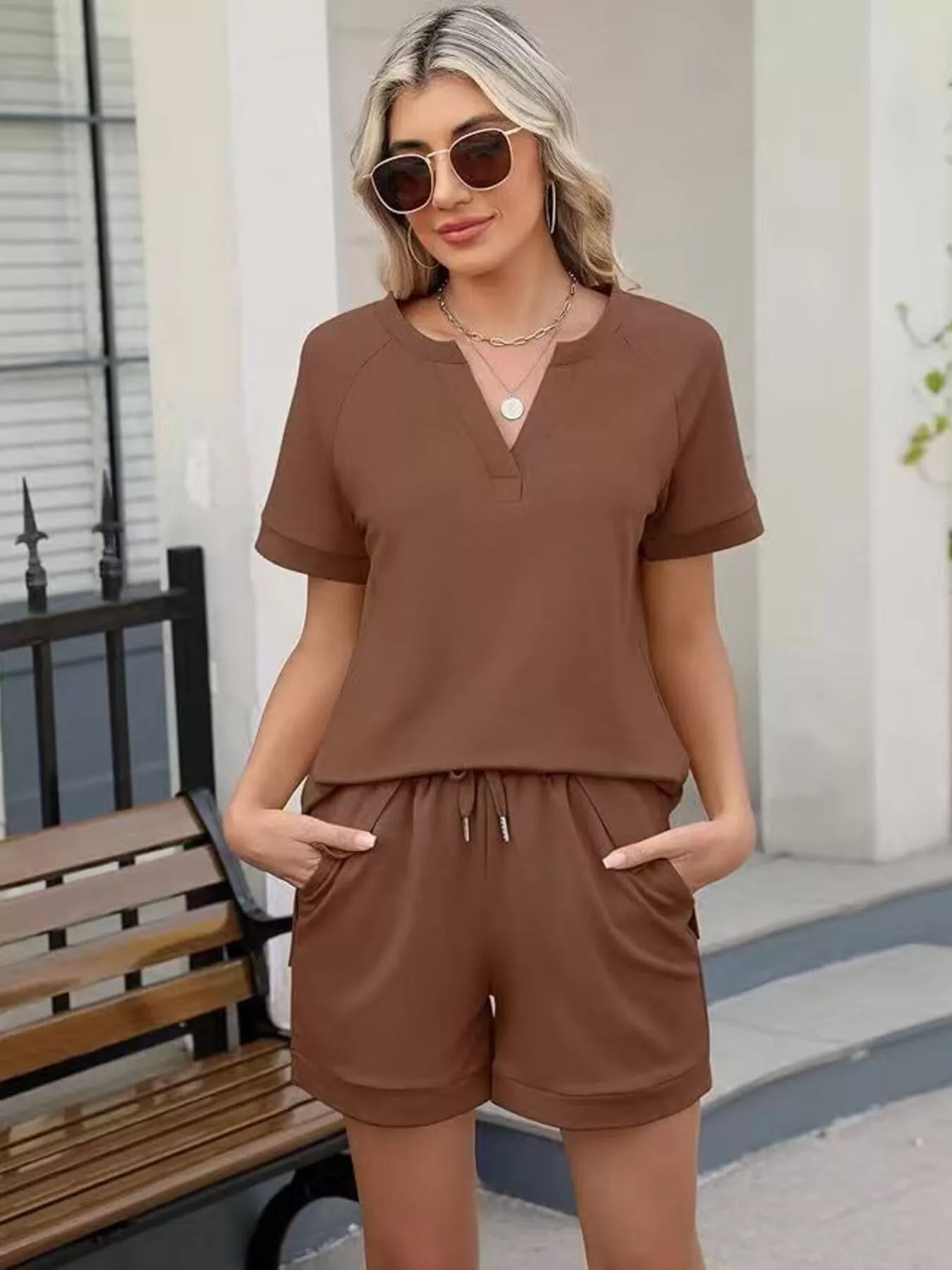 Solid Color Short Sleeve Top and Shorts Two-Piece Set