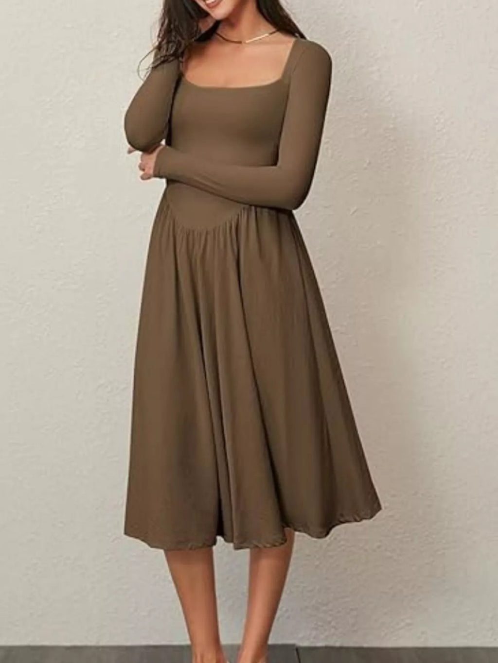 Square Neck Long Sleeve Midi Dress