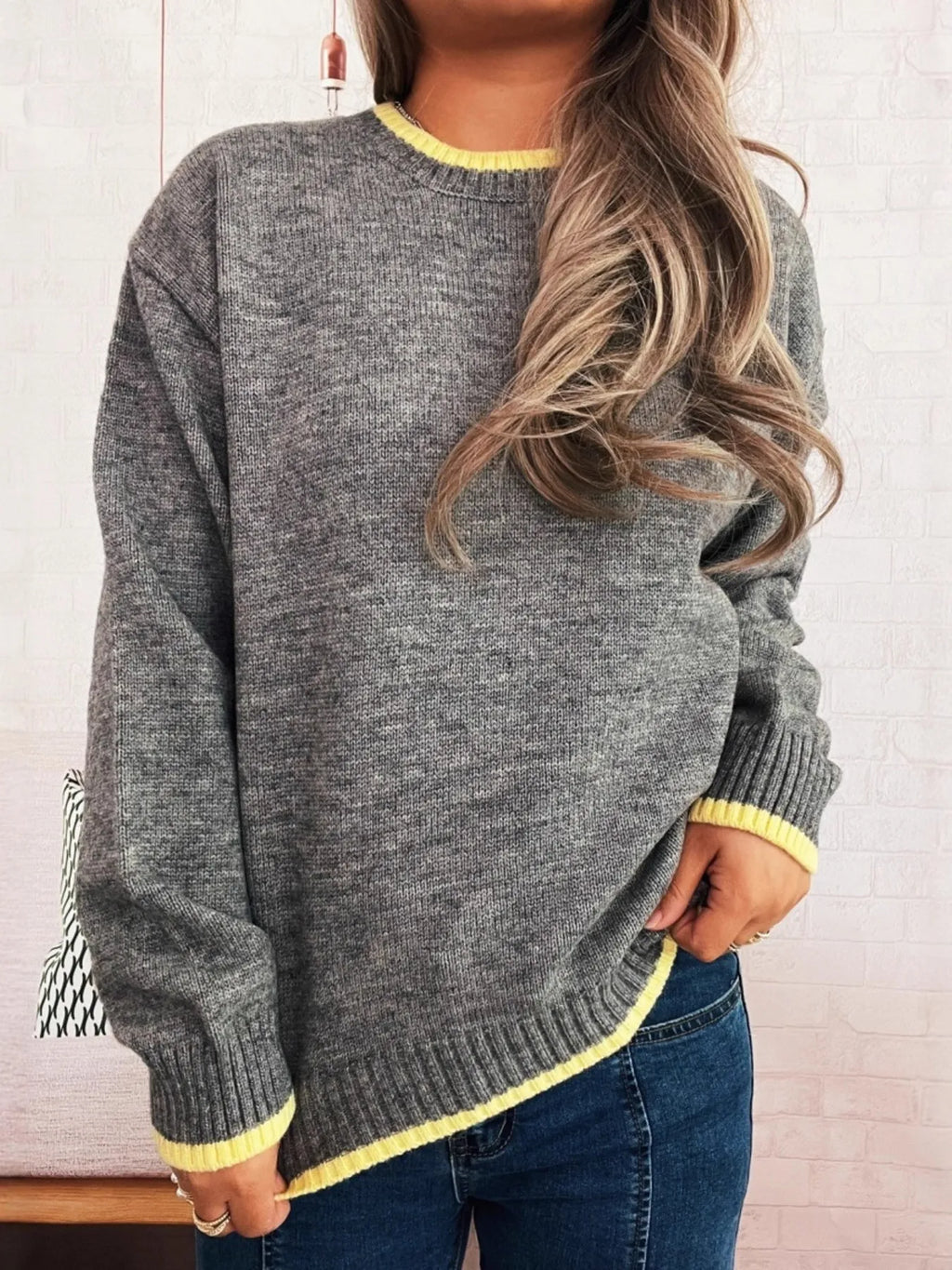 Ribbed Contrast Trim Long Sleeve Sweater