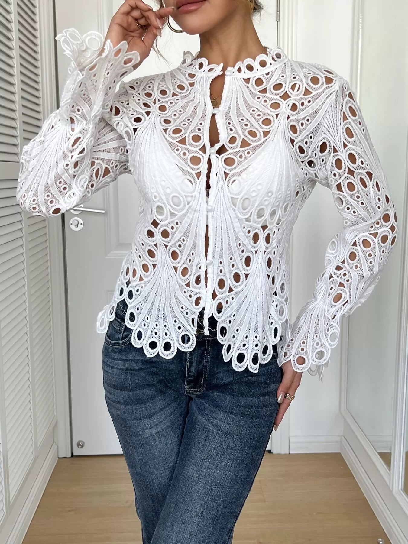 Lace Button Up Long Sleeve Shirt