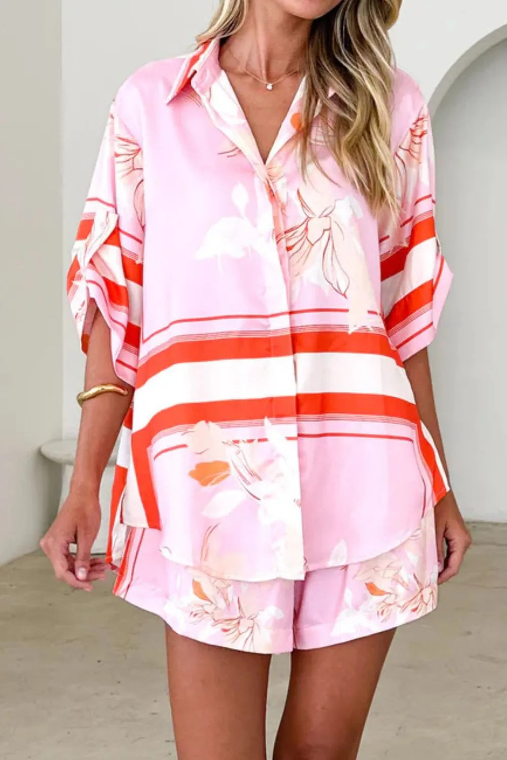 Printed Collared Neck Top and Shorts Set