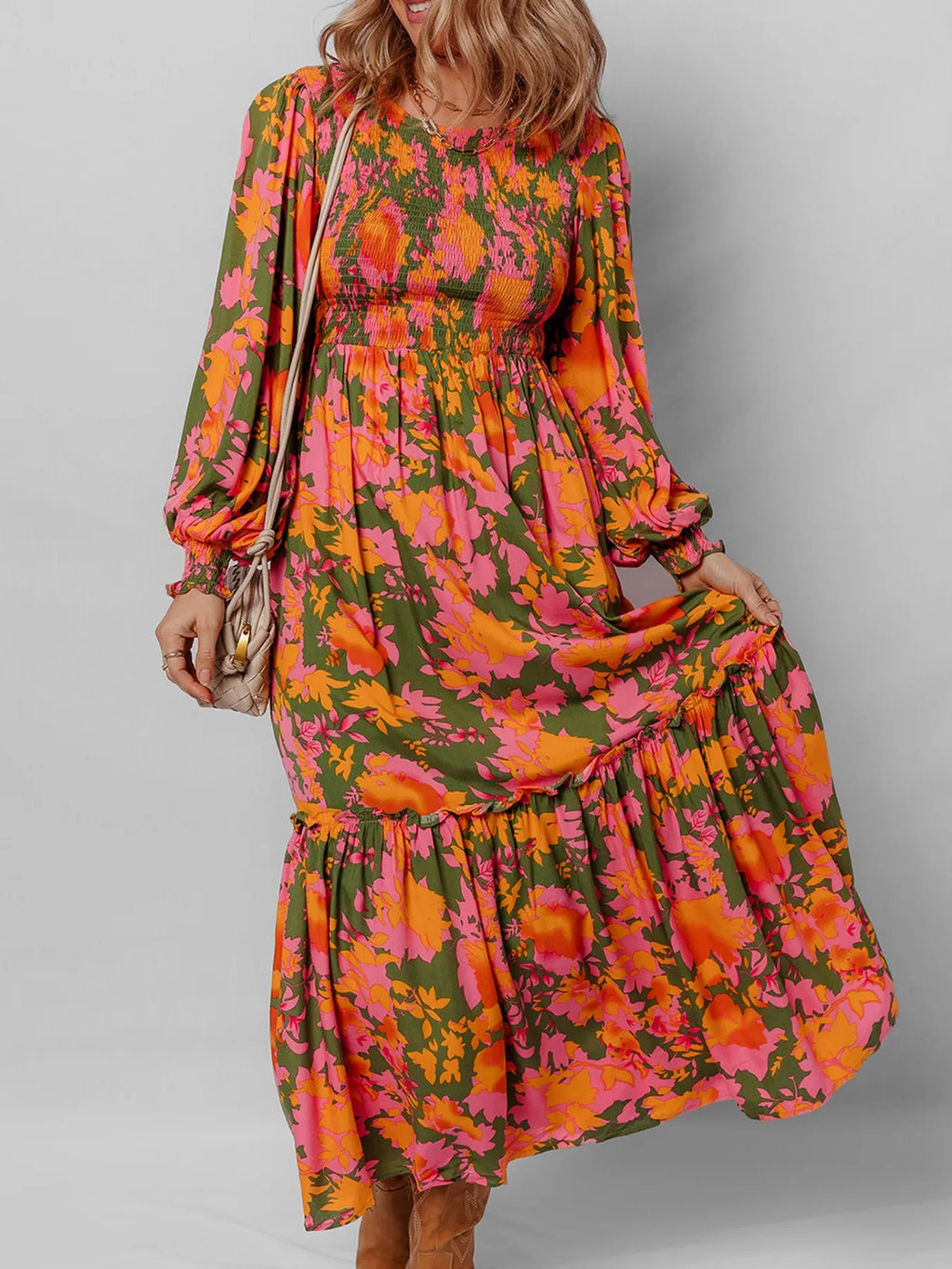 Smocked Floral Print Long Sleeve Maxi Dress