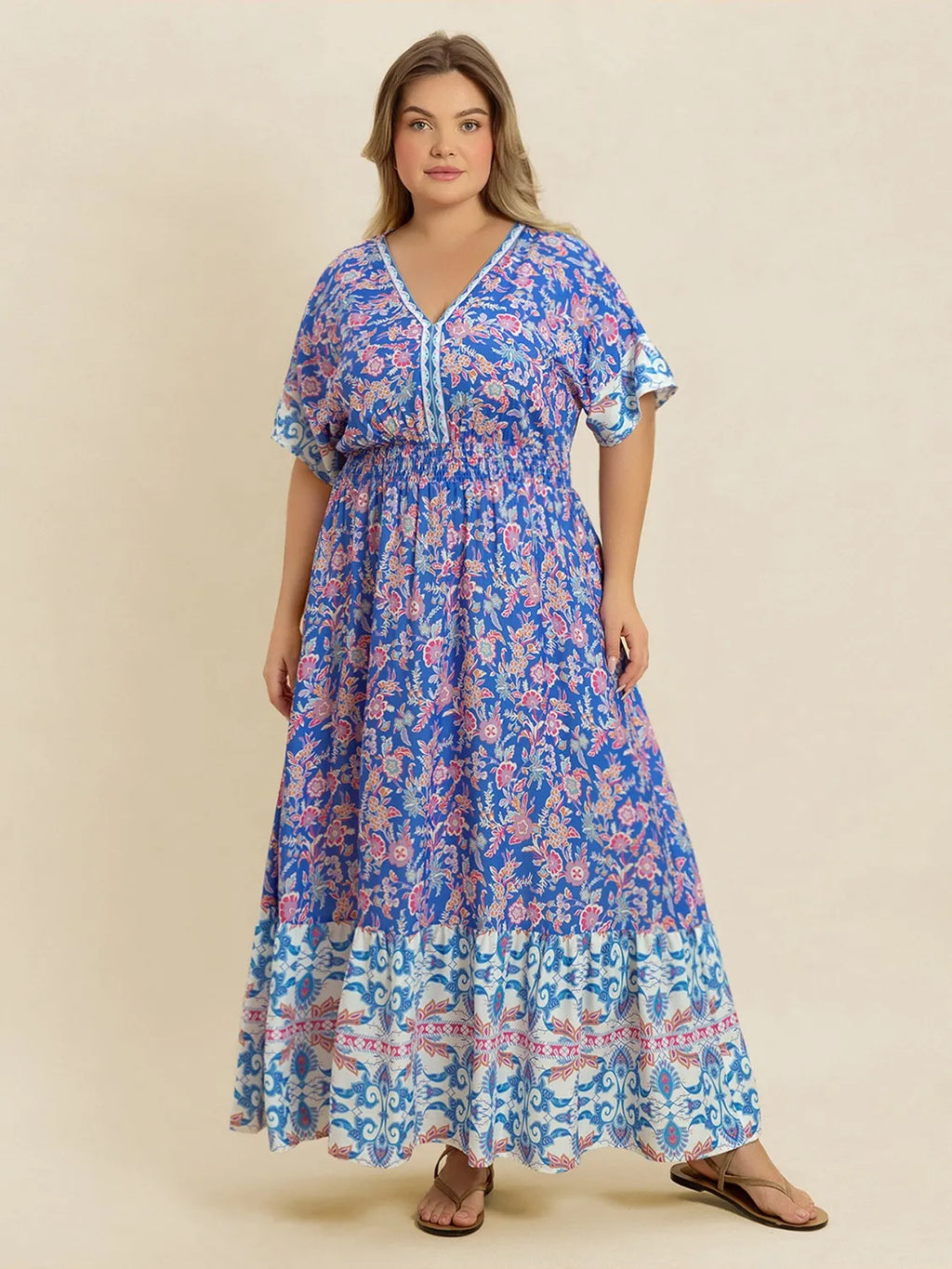 Plus Size Smocked Printed Half Sleeve Midi Dress
