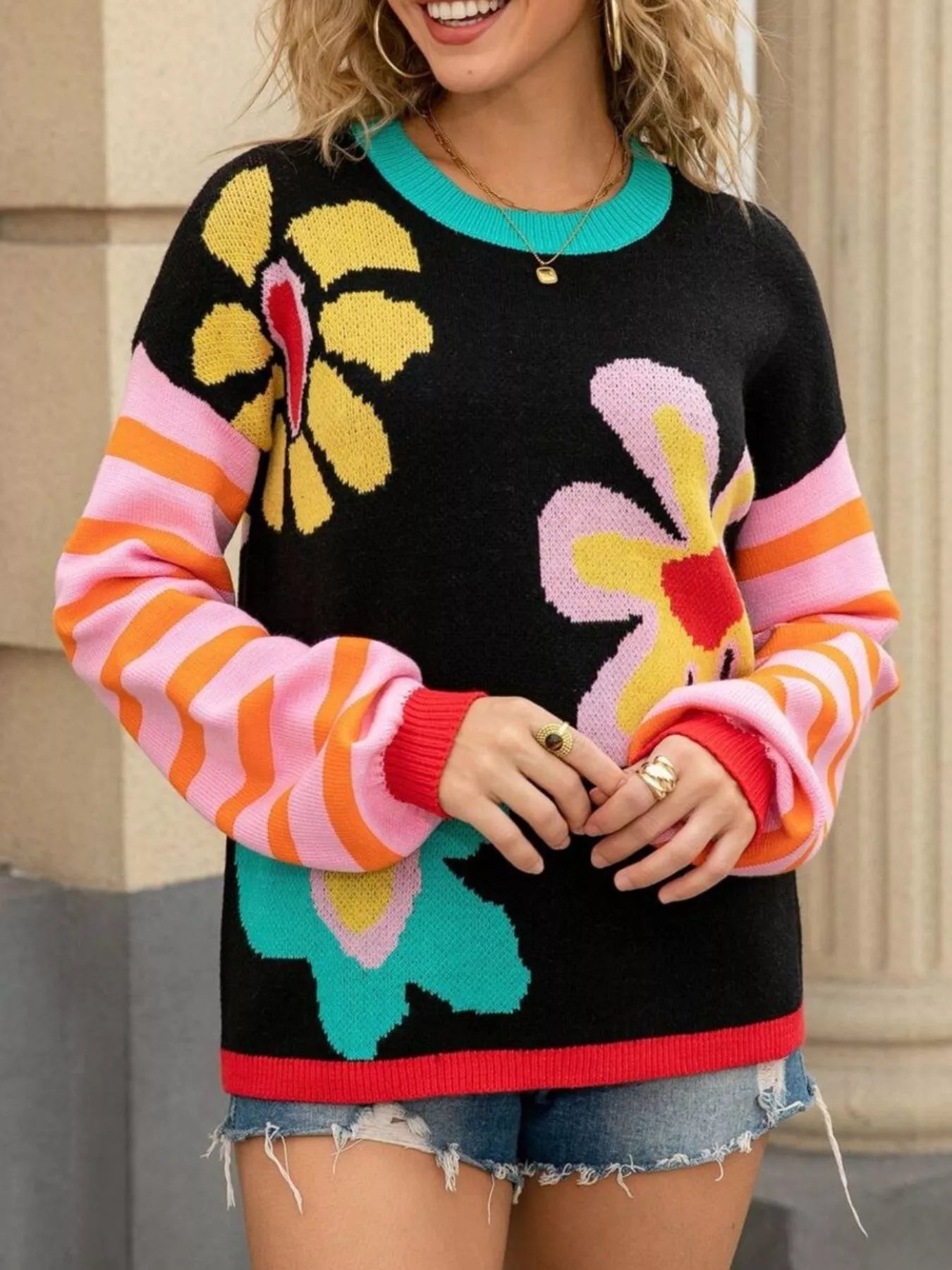Floral Striped Crew Neck Sweater