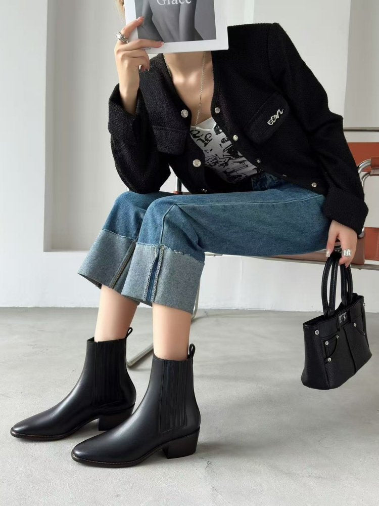 Women’s Retro Square-Toe Mid-Heel Chunky Leather Boots