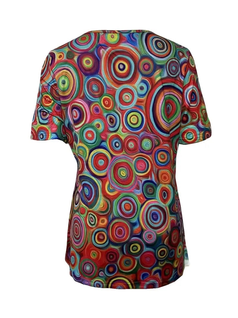 V-neck Red Candy Print Short Sleeve T-shirt Loose Casual Top For Summer