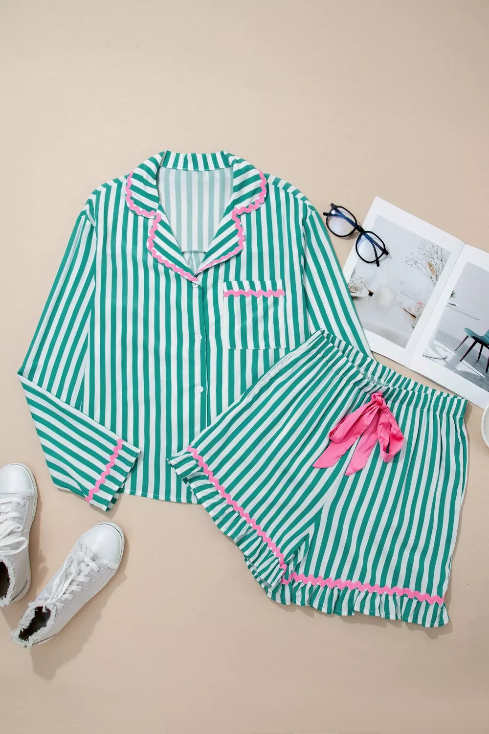 Stripe Contrast Ricrac Trim Long Sleeve Shirt Drawstring Ruffled Pajama Short Set