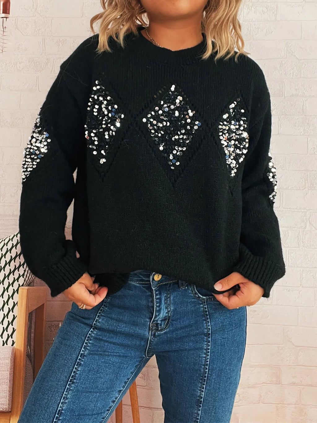 Sequined Diamond Pattern Oversized Sweater