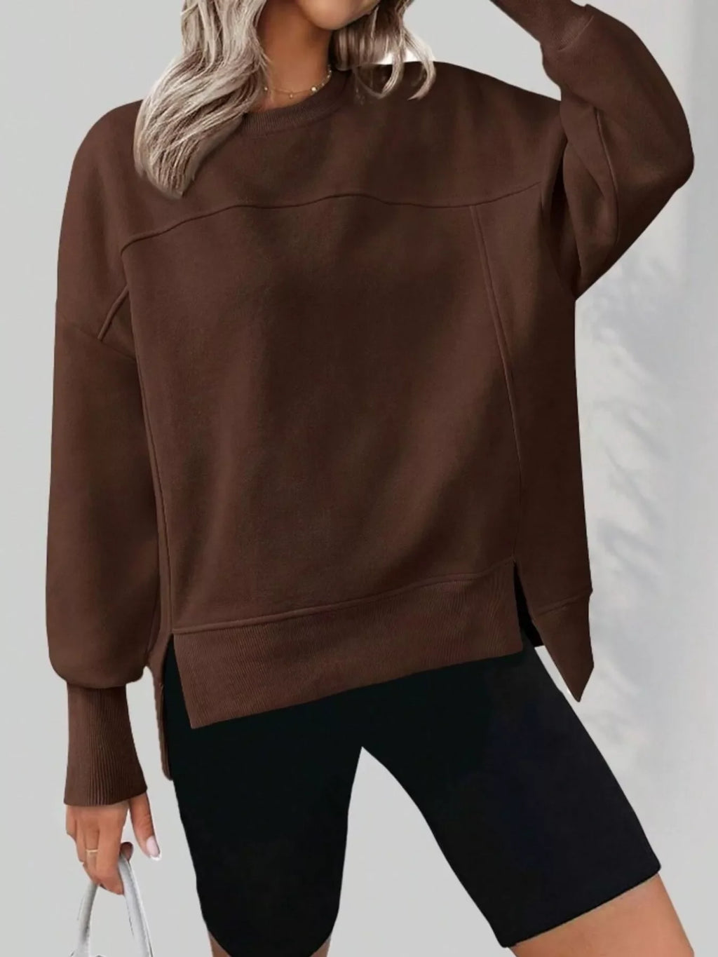 Slit Round Neck Dropped Shoulder Sweatshirt
