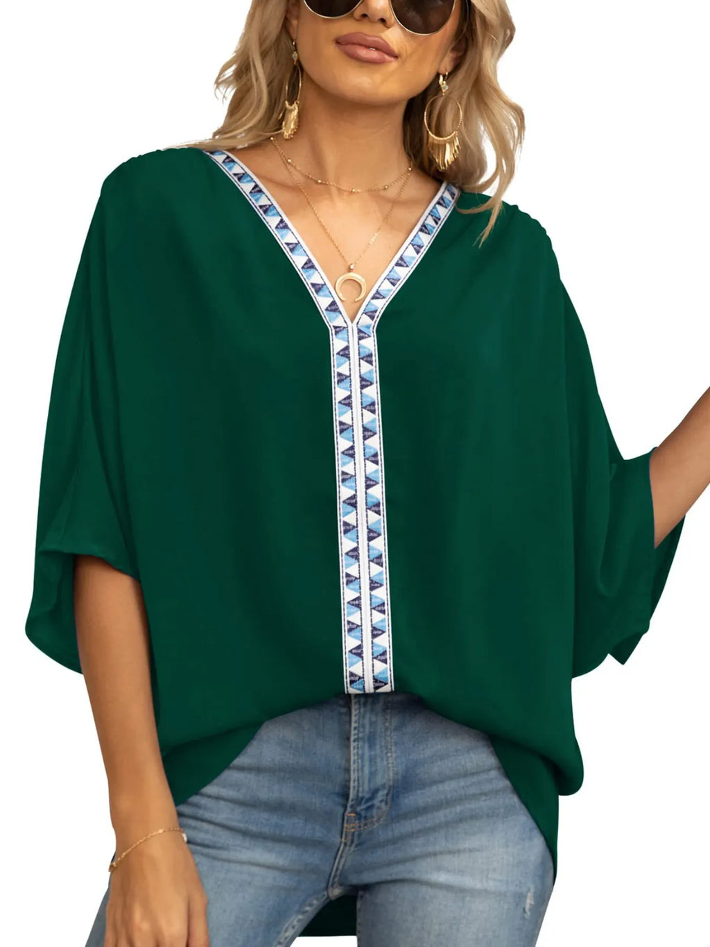 Printed Trim V-Neck Batwing Sleeve Blouse