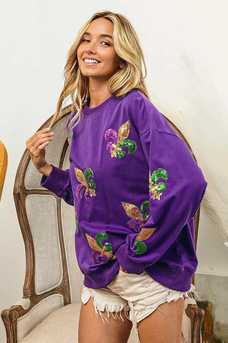 BiBi Fleur De Lis Sequin Patches Mardi Gras Sweatshirt