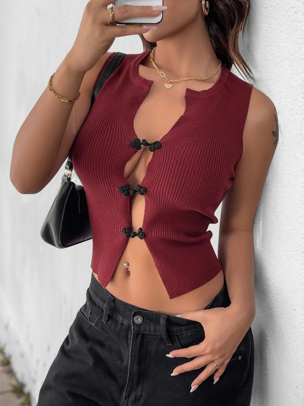 Perfee Ribbed Knot Button Cropped Tank