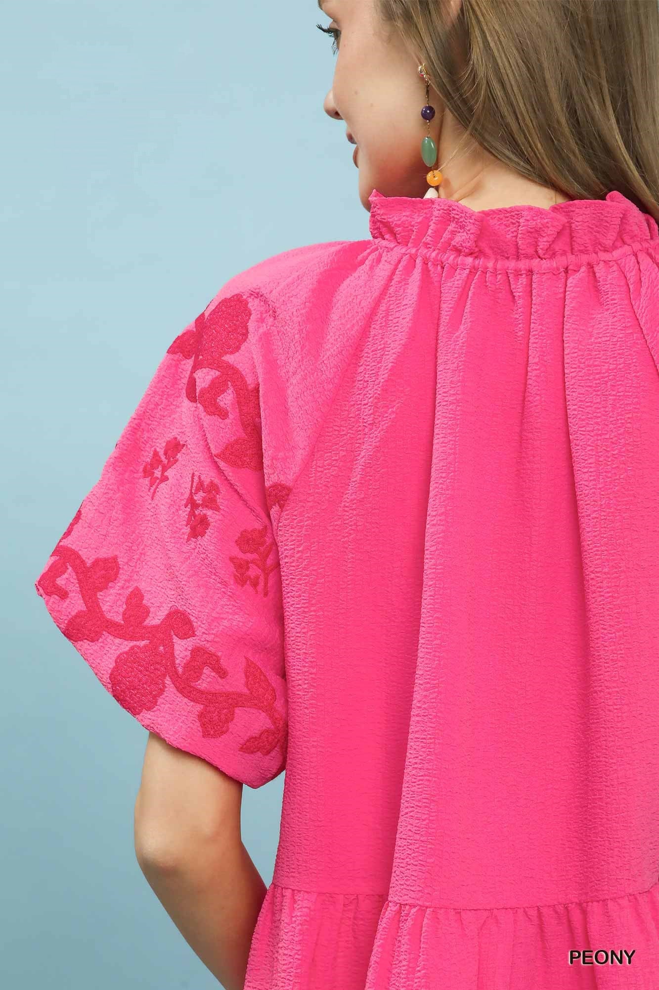 Umgee Embroidered Tiered Puff Sleeve Mini Dress