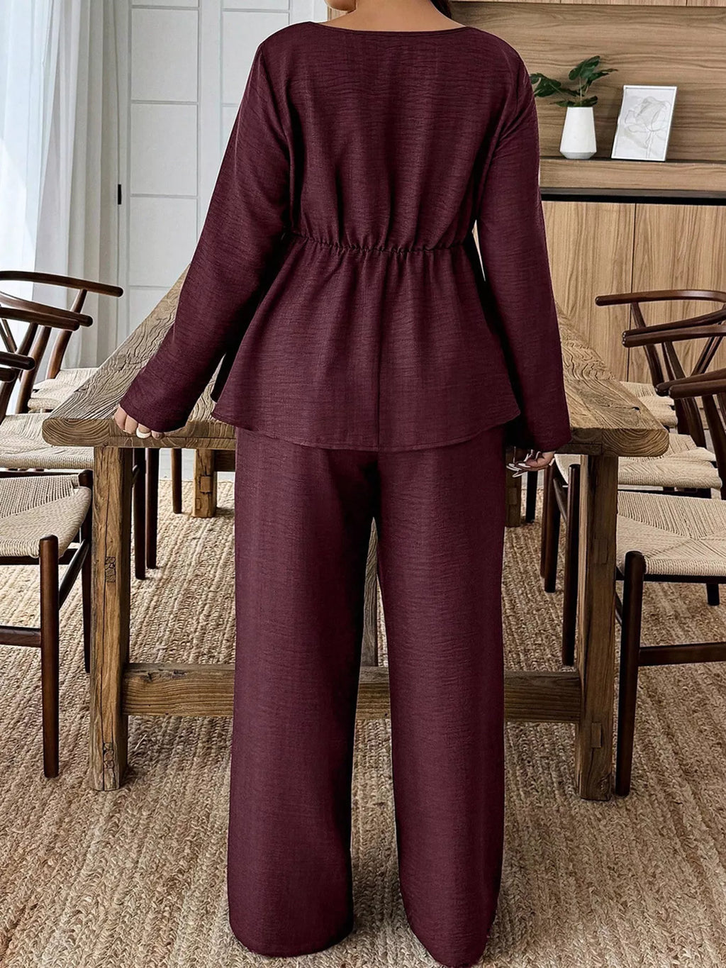 Plus Size Square Neck Long Sleeve Top and Pants Two-Piece Set