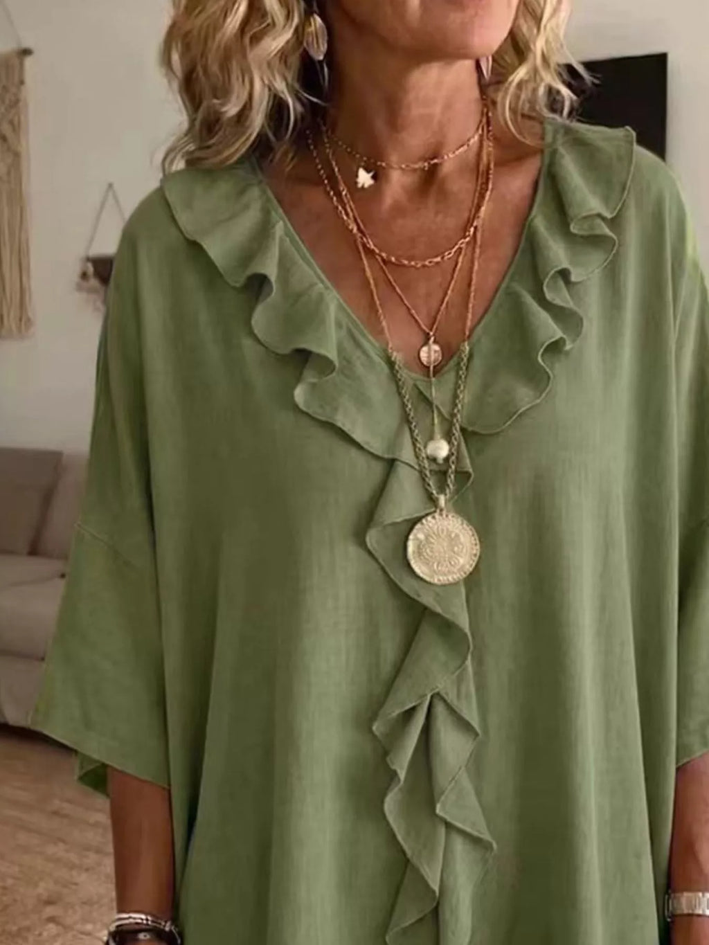 Full Size Ruffle V-Neck 3/4 Sleeve Blouse Plus Size